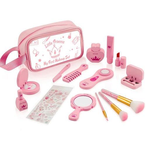 15PC Children Kids Princess Wooden Makeup Kit Pretend Play Roleplaying Set with Carry Bag - Toytexx