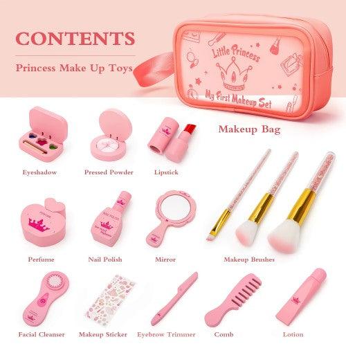 15PC Children Kids Princess Wooden Makeup Kit Pretend Play Roleplaying Set with Carry Bag - Toytexx